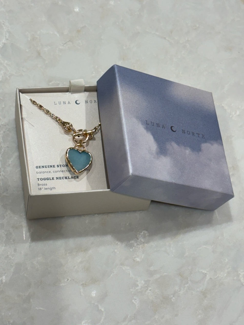 NIB Luna Norte Gold Chain Toggle Necklace with Aqua Heart Pendant
